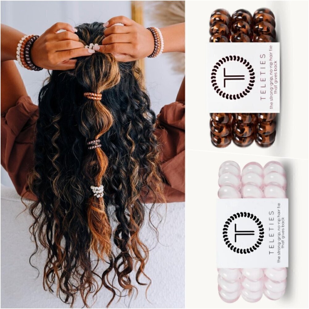 TELETIES Spiral Hair Coils Ponytail Tie Tortoise Pink Water Resistant No Crease